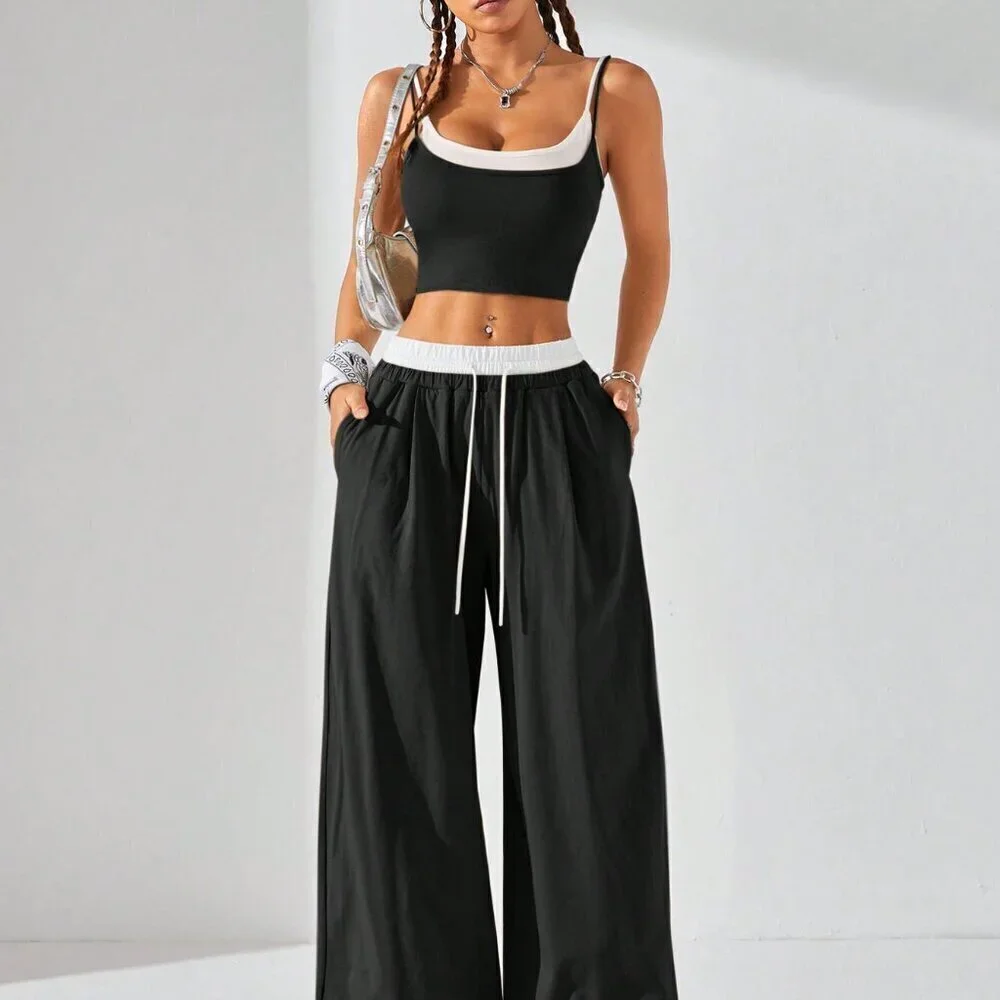 Black and White Casual Women's Sport Knit Tank Top & Sweatpants